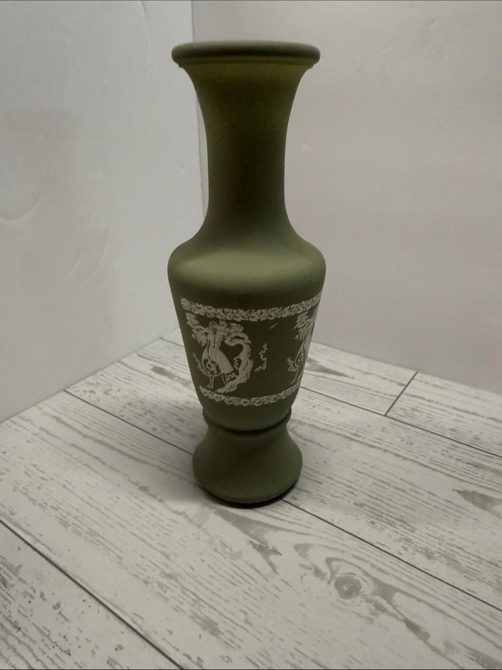 Avon Olive Green Ceramic Vase with White Relief